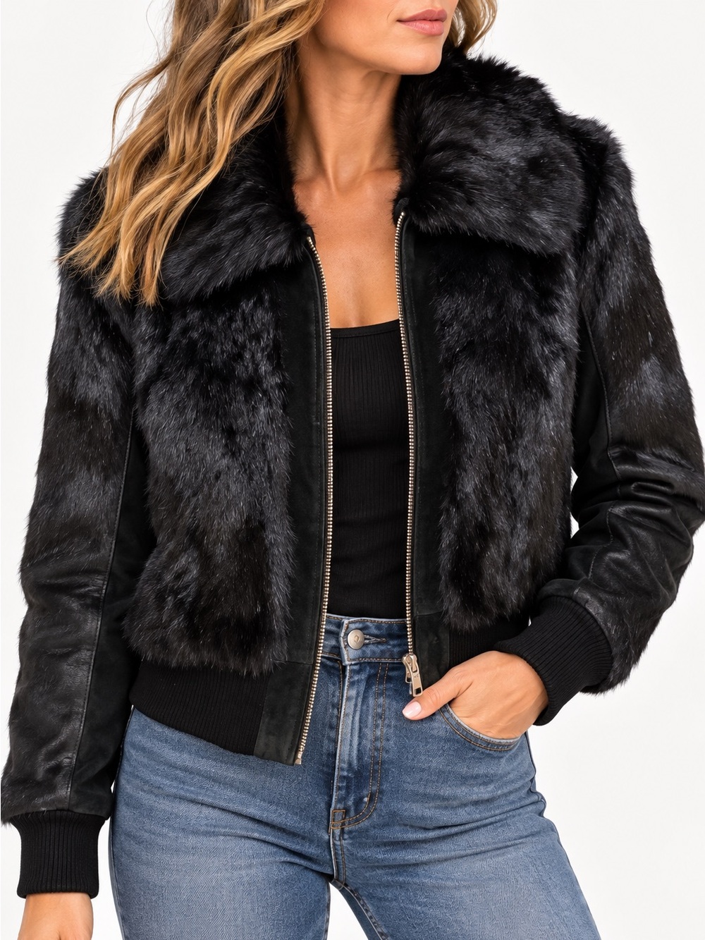 MIXIT Genuine Rabbit Fur & Leather Bomber Jacket — Size L